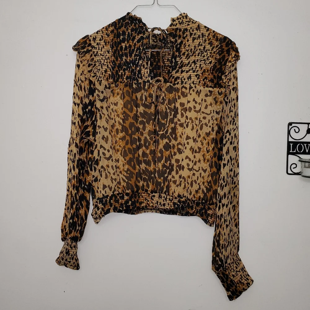 Free People Roma Leopard Print Mock Neck Blouse